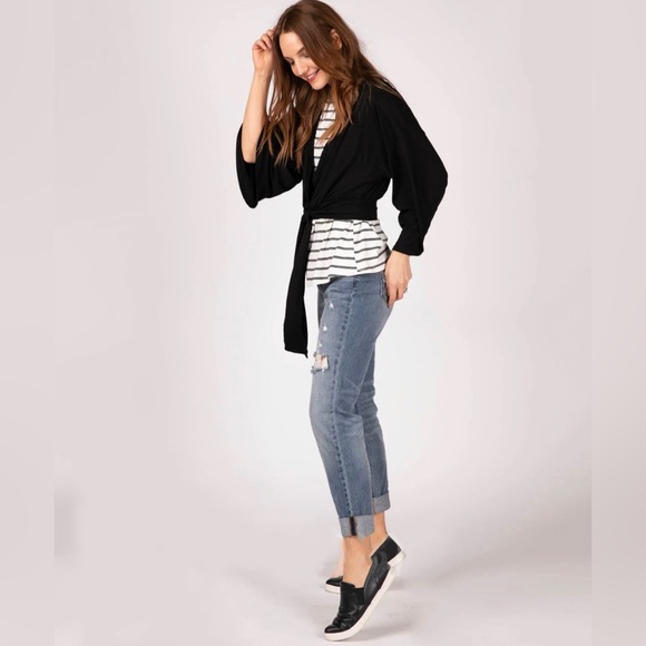 🆕👘 NEW Agnes & Dora Black Kimono Tie Top Wide Long Sleeves & Ruched Edge XL - Picture 3 of 5